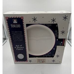 Debbie Mumm Christmas Snowman Portraits Set of 4 Dinner Plates 11” NEW